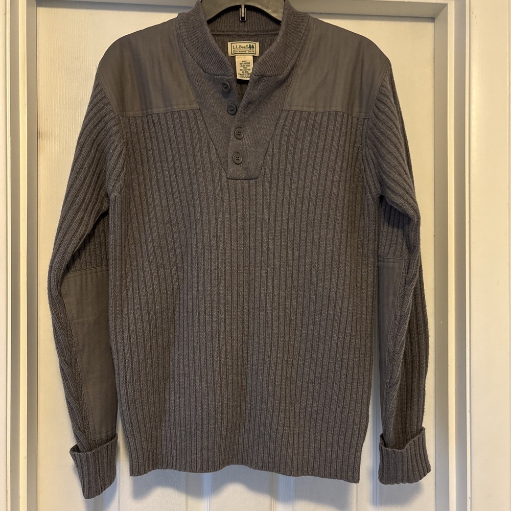 LL‎ Bean Commando Henley Sweater Mens M Merino Wool Pullover Cotton Trim Grey